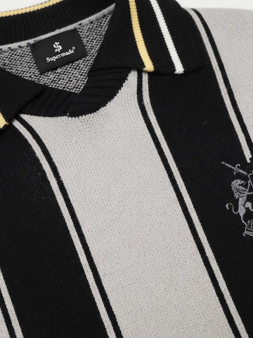 Crest Embroidered Striped Polo Sweater