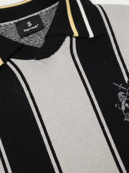 Crest Embroidered Striped Polo Sweater