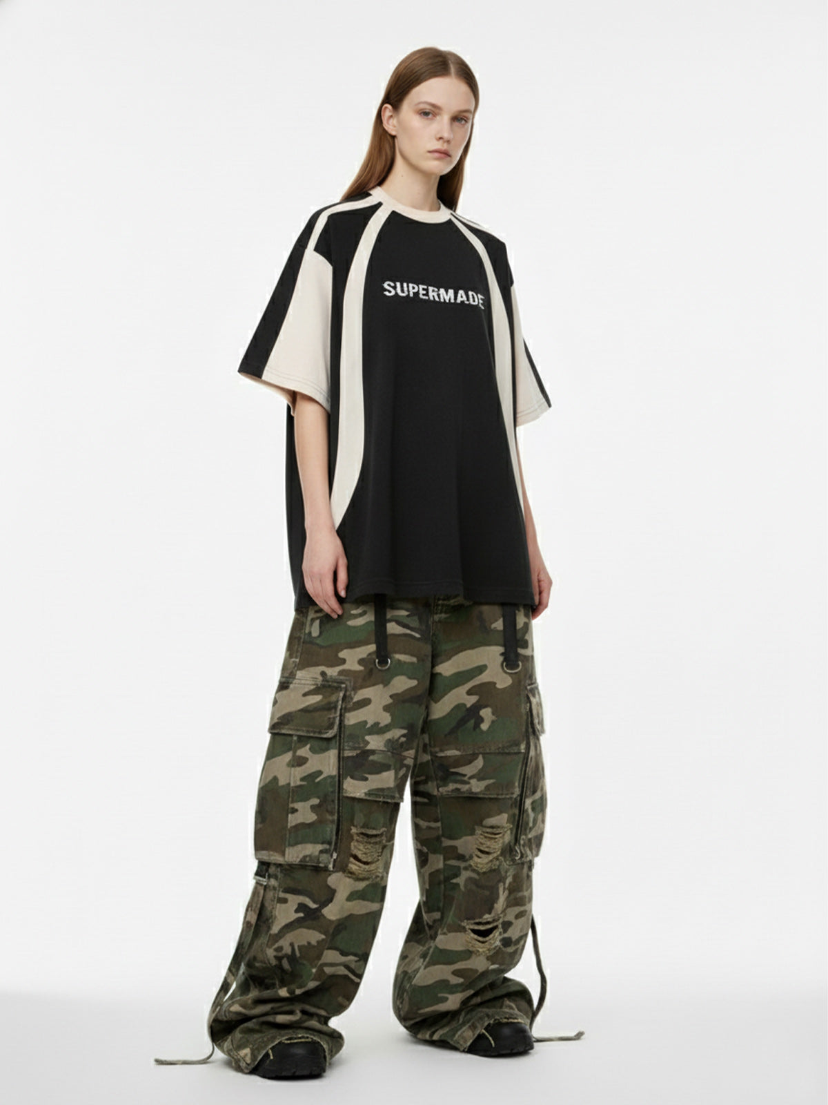 Thesupermade Horizontal Glitch Art Deconstruction Contrast Color Stitching Print T-shirt 