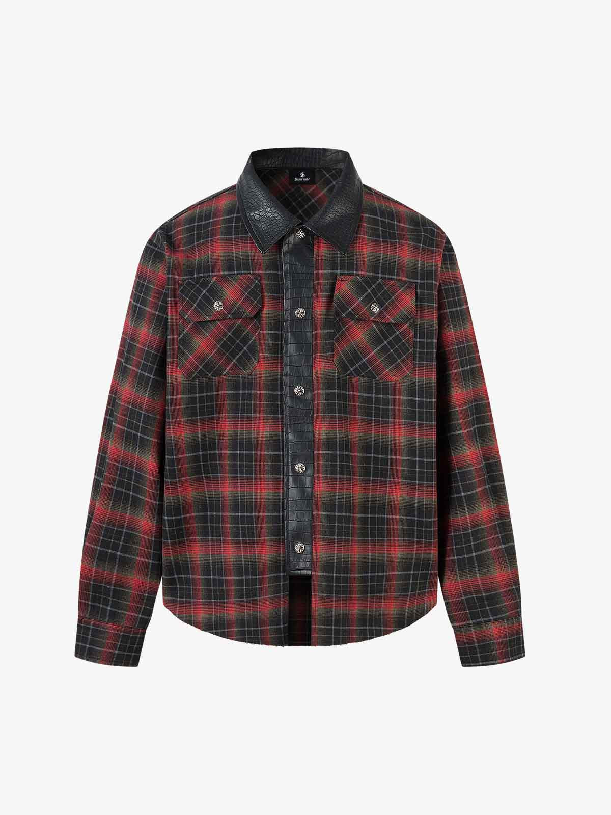 Plaid Flannel Shirt with Leather-Trimmed Collar - Perfect for Casual and Outdoor Styles 