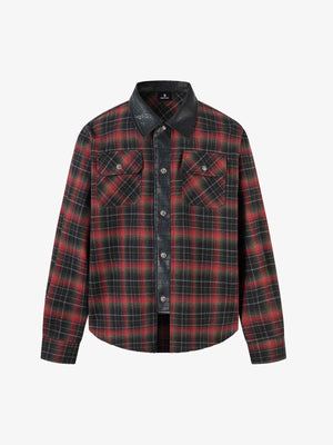 Plaid Flannel Shirt with Leather-Trimmed Collar - Perfect for Casual and Outdoor Styles 