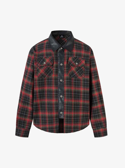 Plaid Flannel Shirt with Leather-Trimmed Collar - Perfect for Casual and Outdoor Styles 