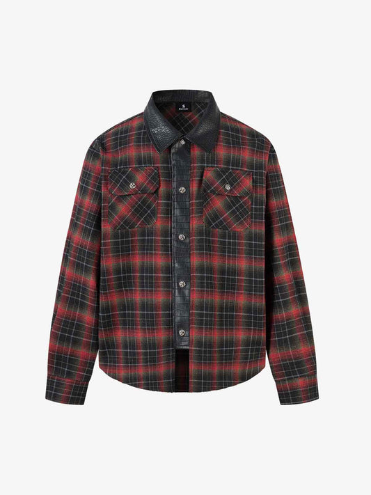 Plaid Flannel Shirt with Leather-Trimmed Collar - Perfect for Casual and Outdoor Styles 