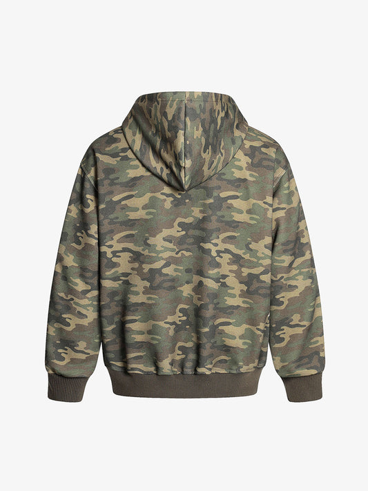 Camouflage Hooded Jacket with Embroidered Details and Striped Sleeves 