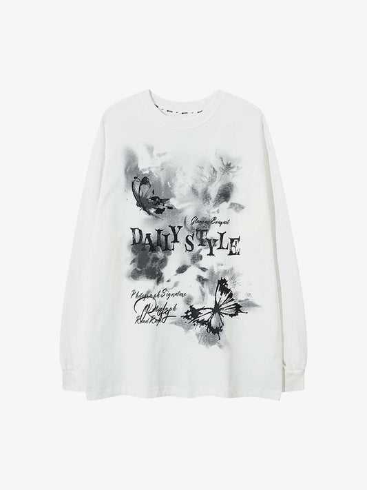 Butterfly Letters Printed Round Neck Long Sleeve T-shirt 