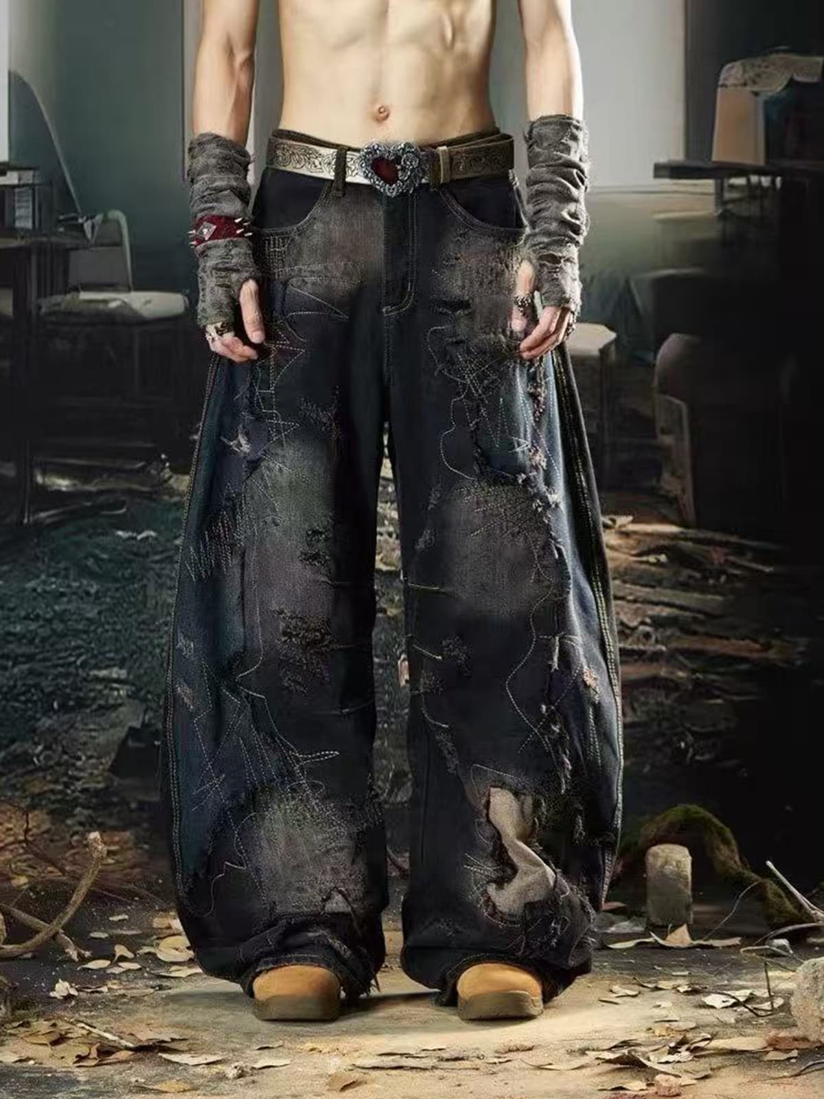 Vintage Washed Patchwork Distressed Barrel Jeans 