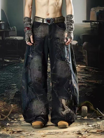 Vintage Washed Patchwork Distressed Barrel Jeans 