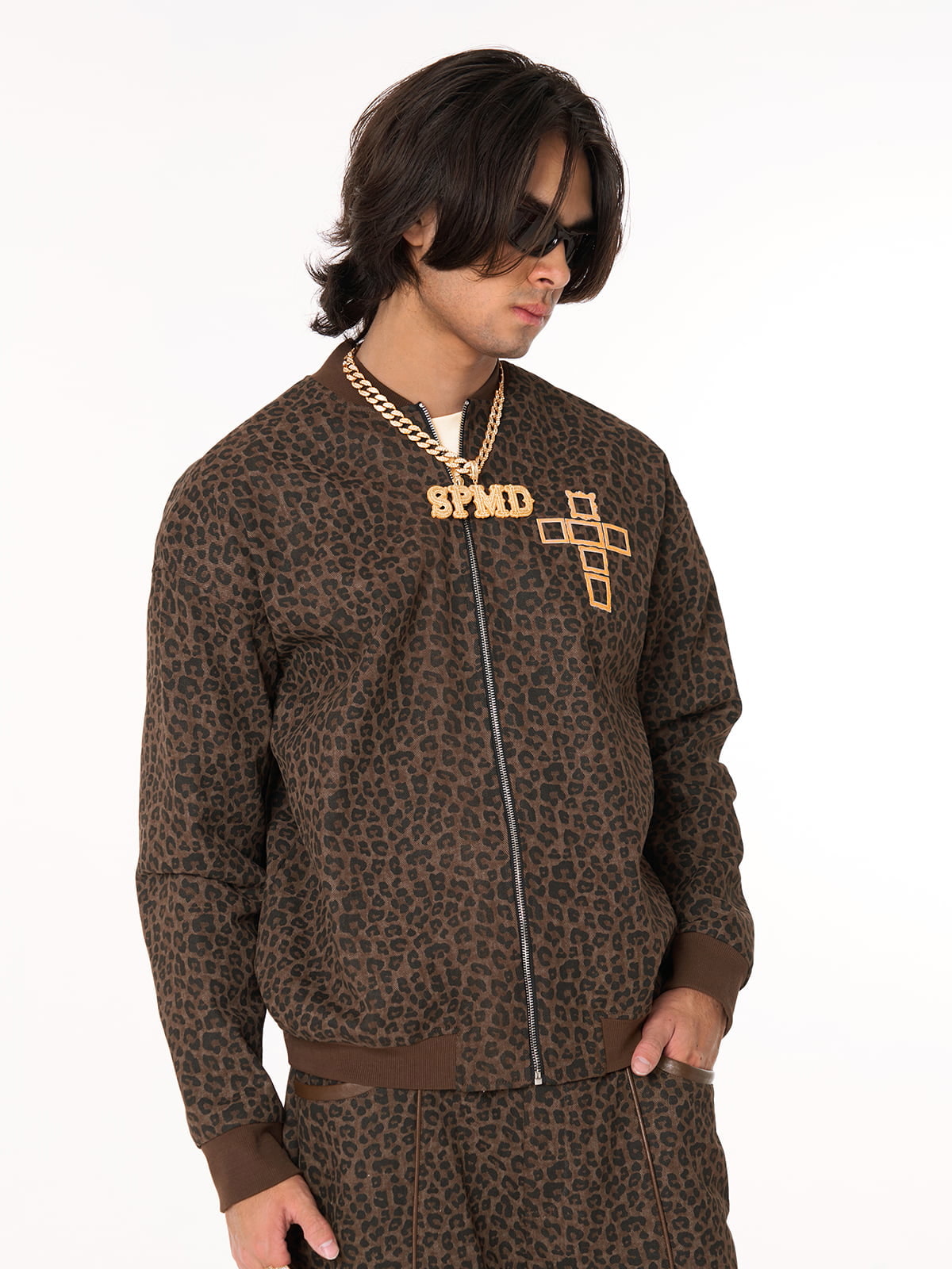 Cross Frame Leopard Print Baseball Jacket 