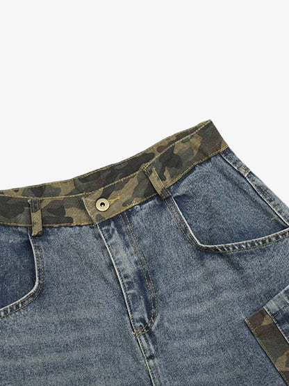 Denim Cargo Shorts with Camouflage Patch Details for Men 