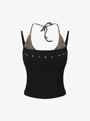 Leopard Print Halter Crop Top – Stretch Cotton with Gold Stud Detail