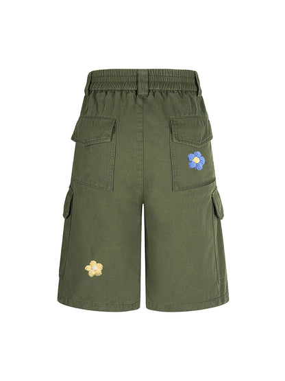Retro Floral Embroidered Pleated Multi-Pocket Cargo Jorts 