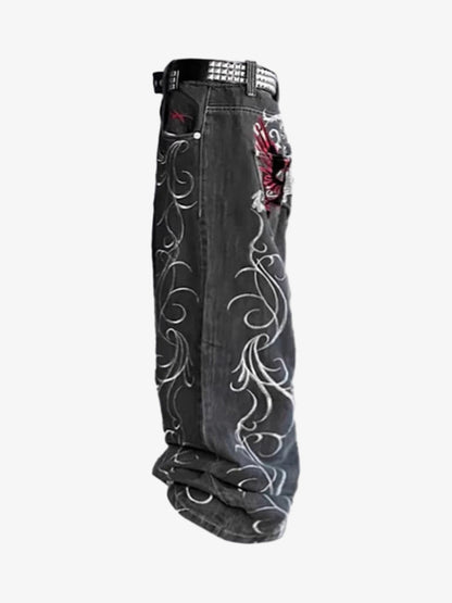 Denim Embroidered Dragon Pants with Rhinestone Belt - Gothic Streetwear Style 
