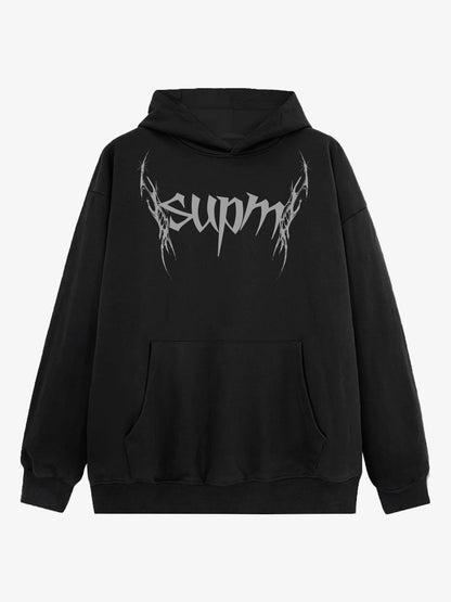 THE SUPERMADE Futuristic spiked pattern gothic style logo font design  Graphic Print Hoodie with Front Pocket 