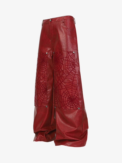 Faux Leather Wide Leg Pants with Spiderweb Embossed Pockets - Edgy Fashion Statement 