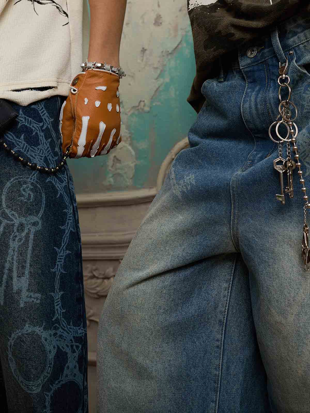 Supermade Thorn and Key Pattern Laser-Burnout Retro Baggy Jeans 