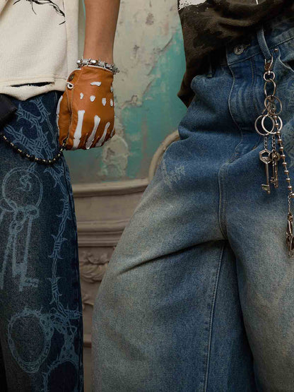 Supermade Thorn and Key Pattern Laser-Burnout Retro Baggy Jeans 