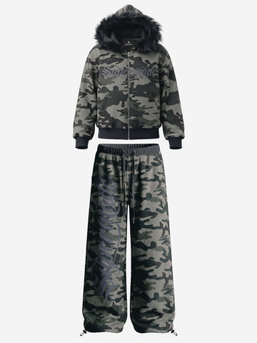Fur Hood Cardigan Camouflage Set