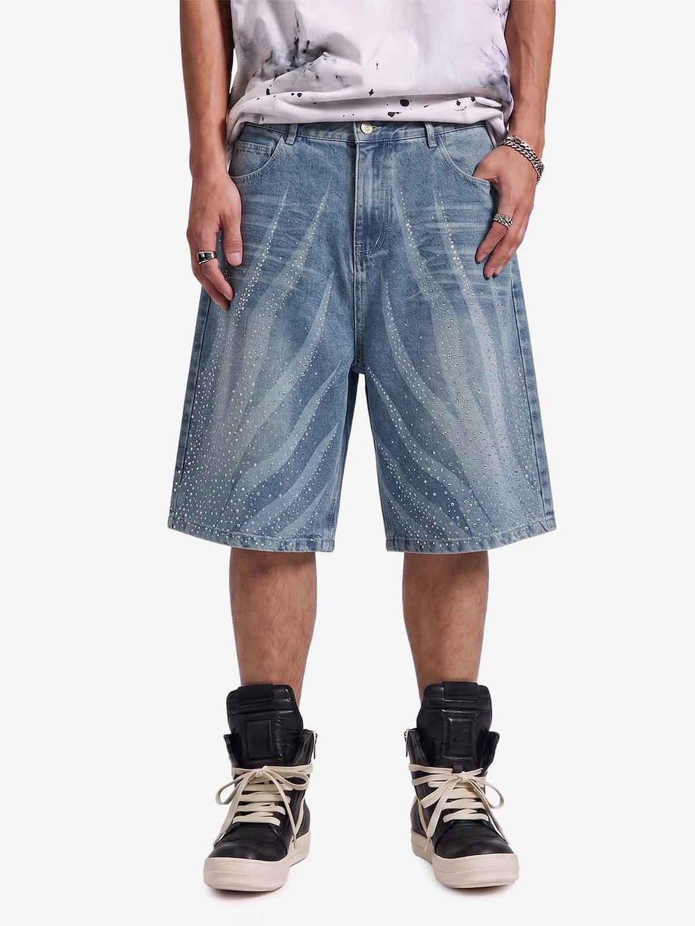 Rhinestone Wave Denim Bermuda Shorts