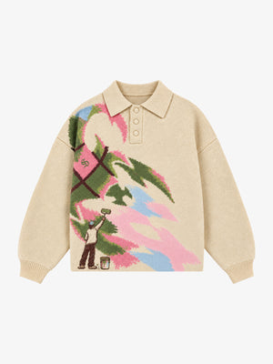 Art Story Graphic Jacquard Knit Polo Sweater
