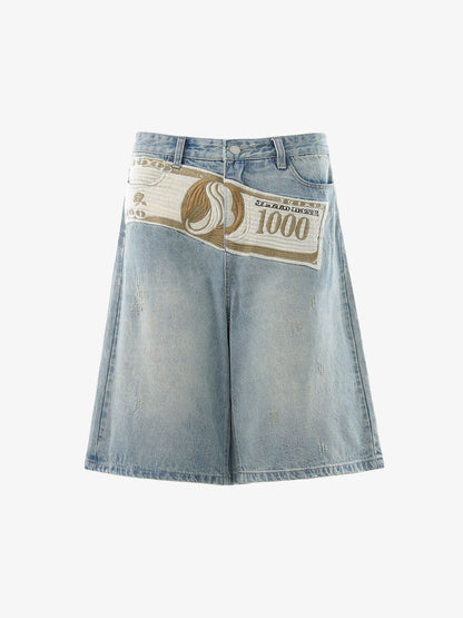 Dollar Appliqué Denim Shorts