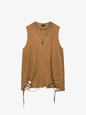 Cotton Ripped Sleeveless Tank Top with Frayed Hem and Cut-Out Details for Edgy Streetwear Style 