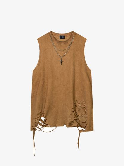 Cotton Ripped Sleeveless Tank Top with Frayed Hem and Cut-Out Details for Edgy Streetwear Style 