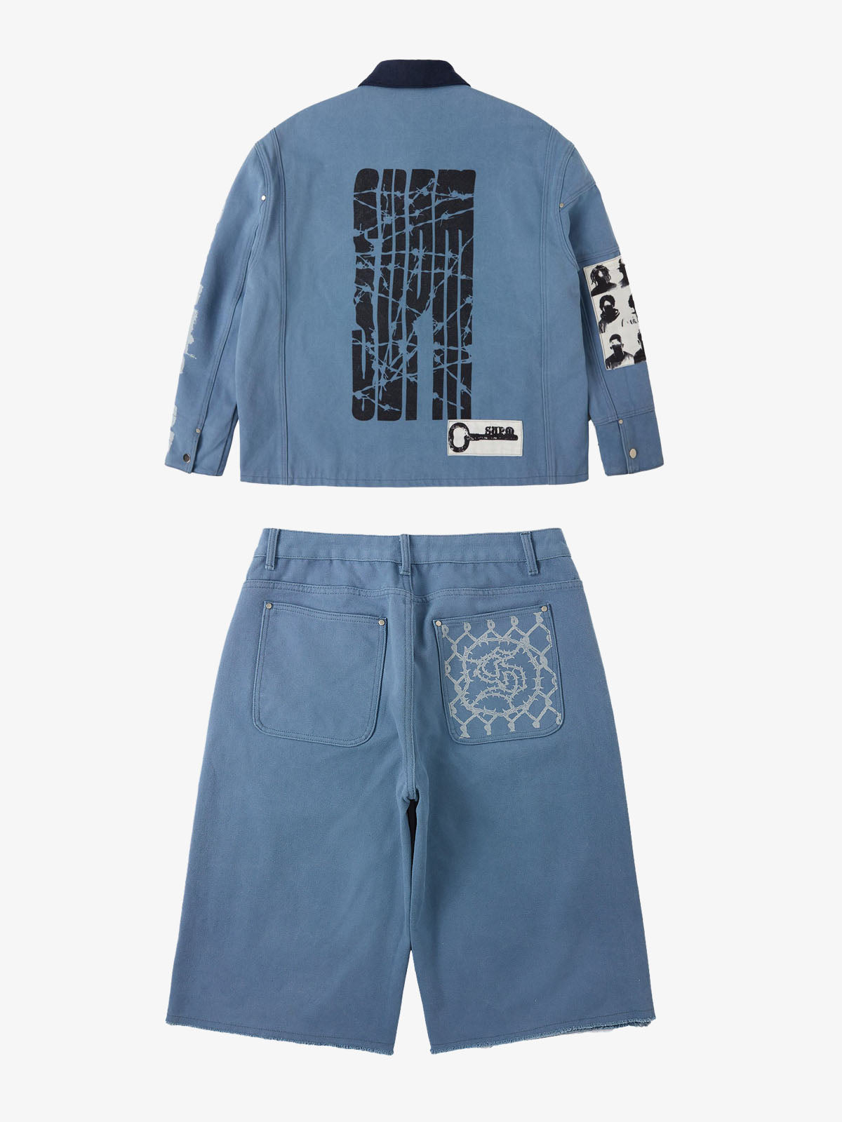 Supermade Multi-Element Appliqué Patchwork Denim Suit 