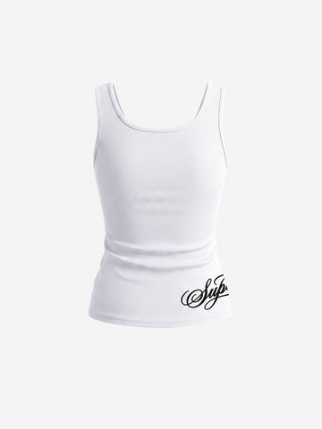 Letter Embroidered Rhinestone Eyelet Ribbed Tank Top
