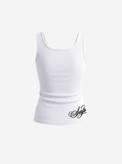 Letter Embroidered Rhinestone Eyelet Ribbed Tank Top