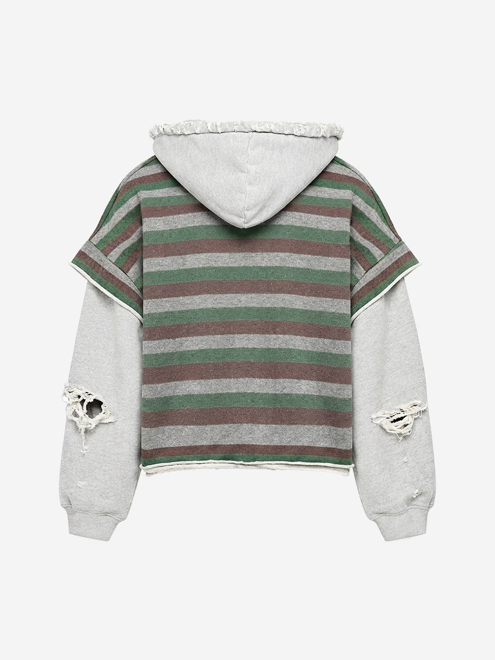 Striped Layered Distressed Cropped Zip Hoodie