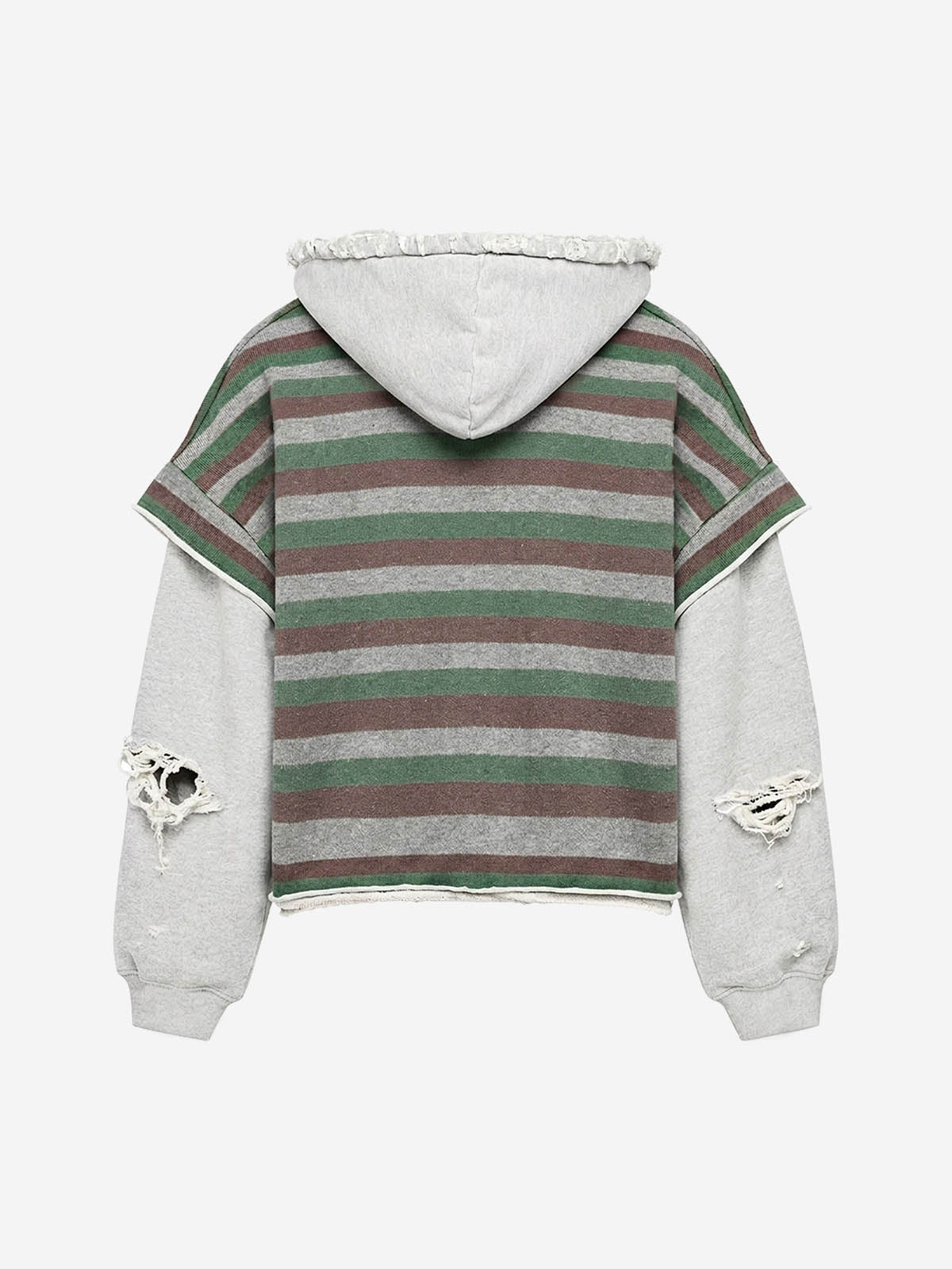 Striped Layered Distressed Cropped Zip Hoodie