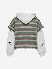 Striped Layered Distressed Cropped Zip Hoodie