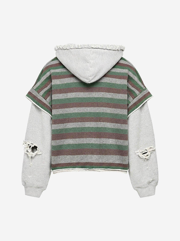 Striped Layered Distressed Cropped Zip Hoodie
