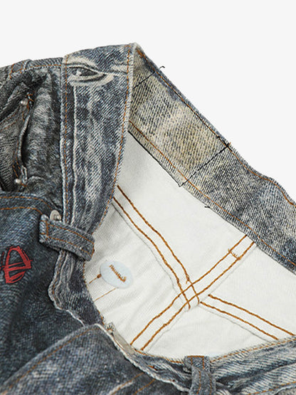 Distressed heavy-duty painted straight-leg jeans, adorned with red graffiti prints and paint-splatter wash effects 