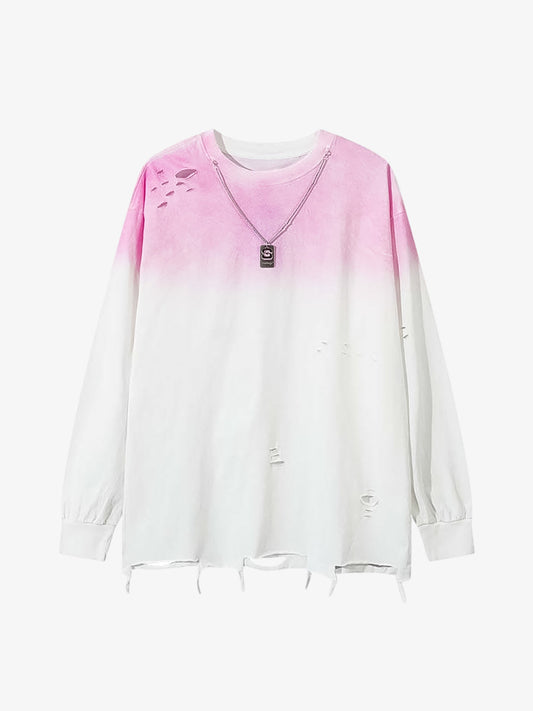 Gradient Hole Contrast Color Long Sleeve T-shirt 