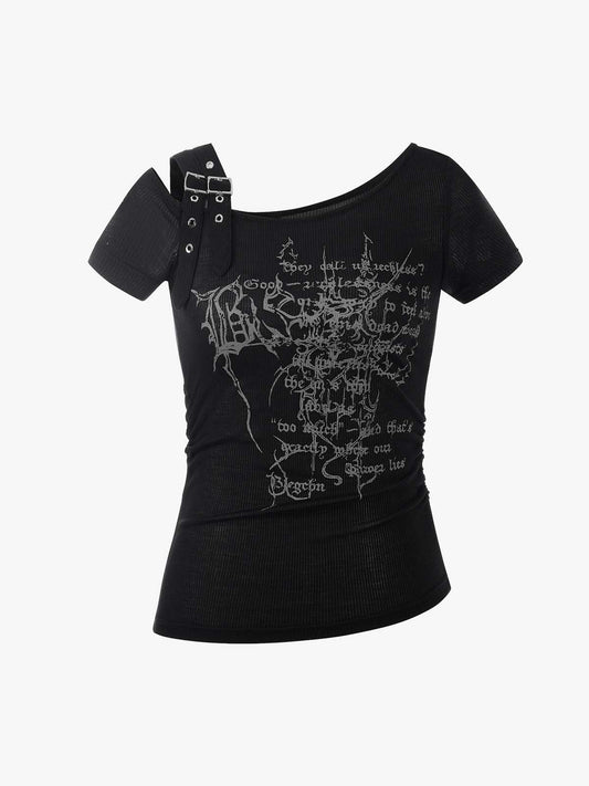 Off Shoulder Buckle Strap Gothic Graphic Slim Fit Top 