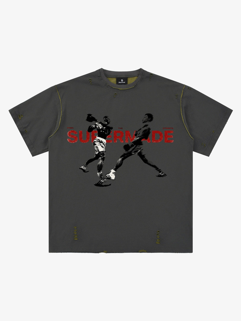 Black Distressed Graphic T-Shirt with Boxing Print