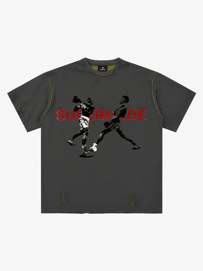 Black Distressed Graphic T-Shirt with Boxing Print – Relaxed Fit Streetwear Tee