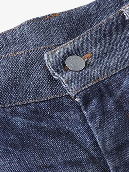 Denim Patchwork Wide Leg Jeans with Graphic Appliques and Distressed Details 