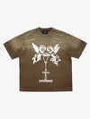 T-shirt délavé à motif croix d'anges jumeaux