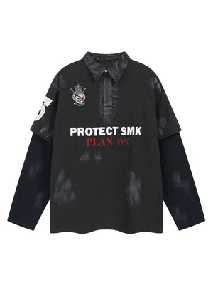 Jersey Faux Two-piece Embroidery Polo Collar Sweatshirt 
