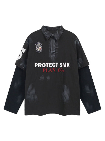Jersey Faux Two-piece Embroidery Polo Collar Sweatshirt 