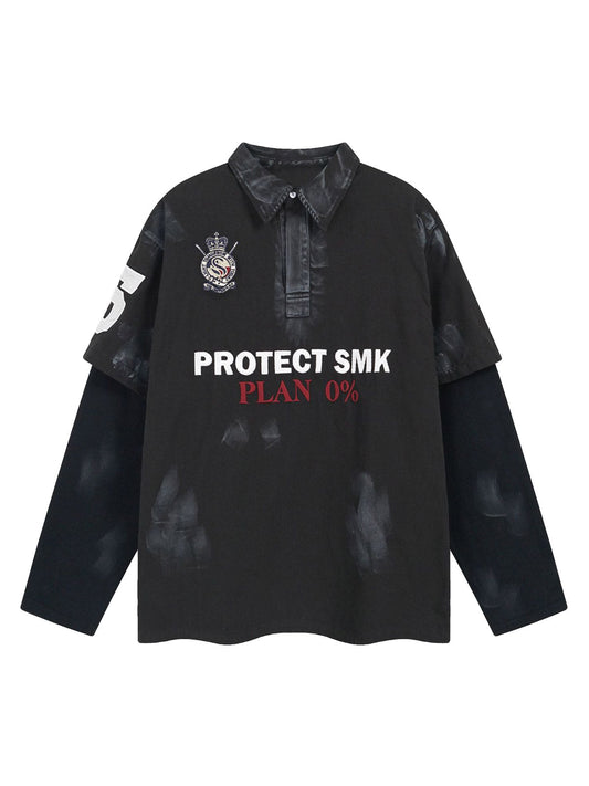 Jersey Faux Two-piece Embroidery Polo Collar Sweatshirt 