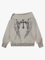 Sweatshirt mit gekreuztem Flügel-Grafik und Strasssteinen