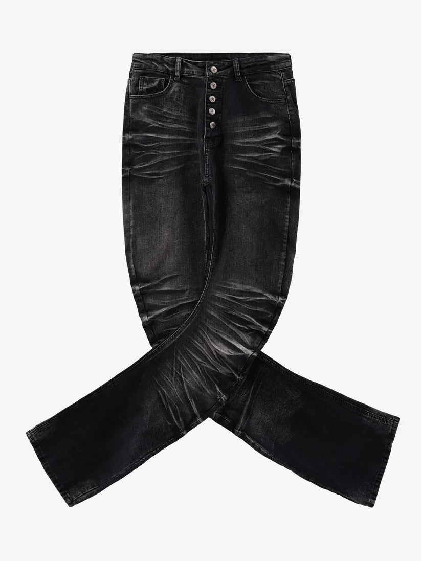 Vintage Distressed Flared Jeans mit Knopfleiste und gerafften Einsätzen