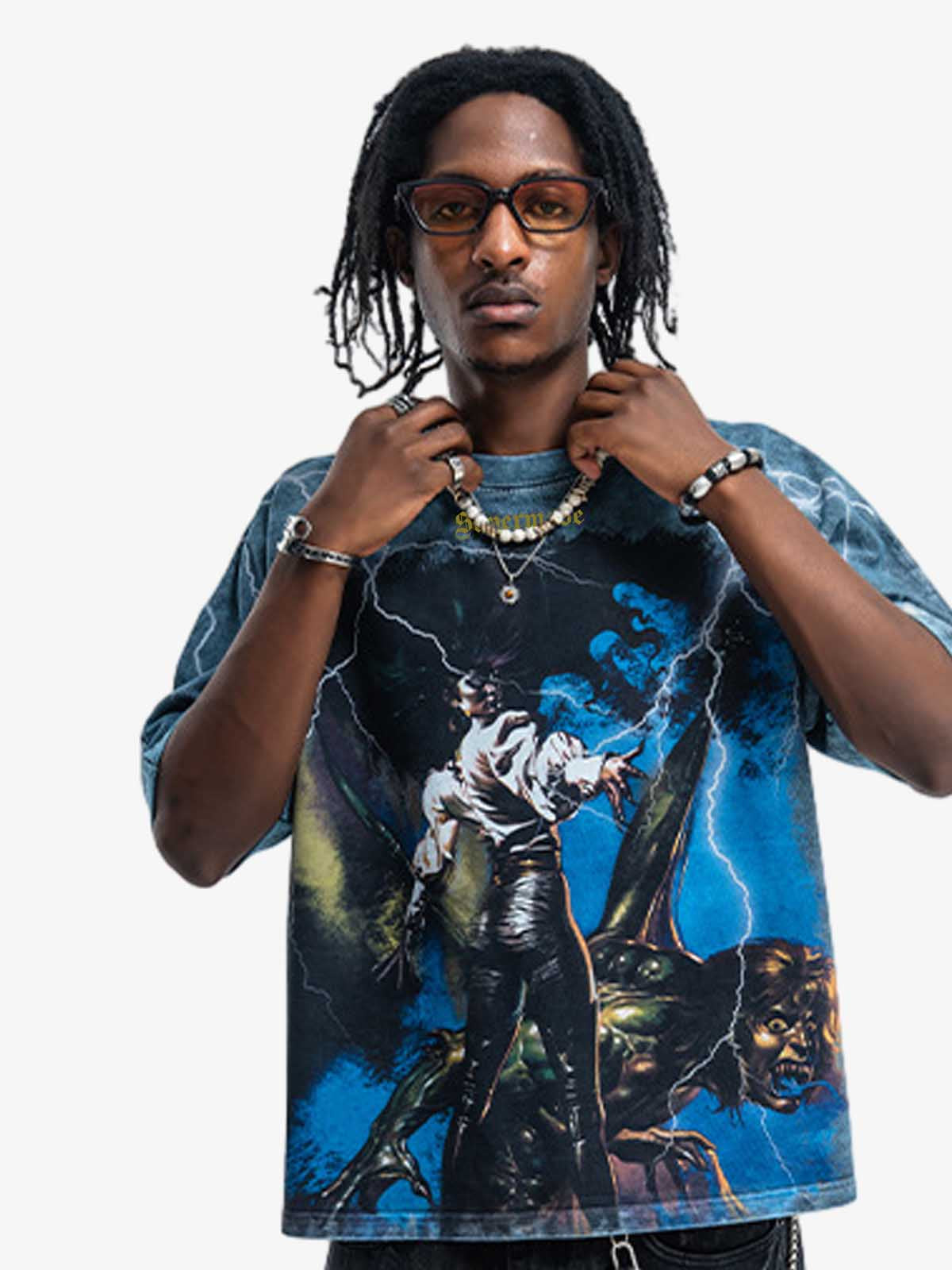 300G Jade Pattern Dyed Cotton T-Shirt with Lightning Graphic Print Oversized Streetwear Tee 