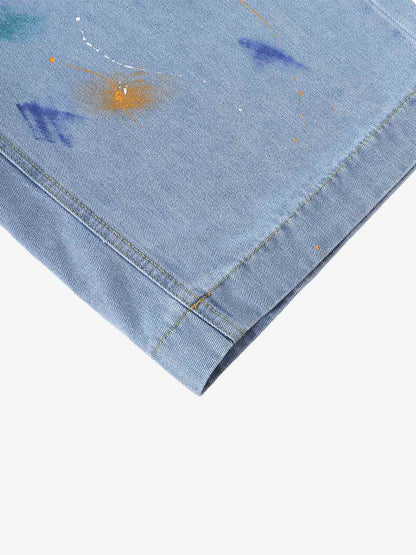 Paint Splatter Denim Wide-Leg Shorts – 100% Cotton Streetwear