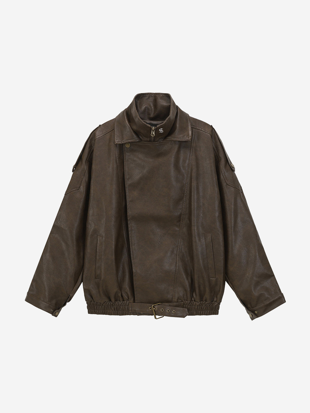 Belted Hem Faux Leather Bomber Jacket