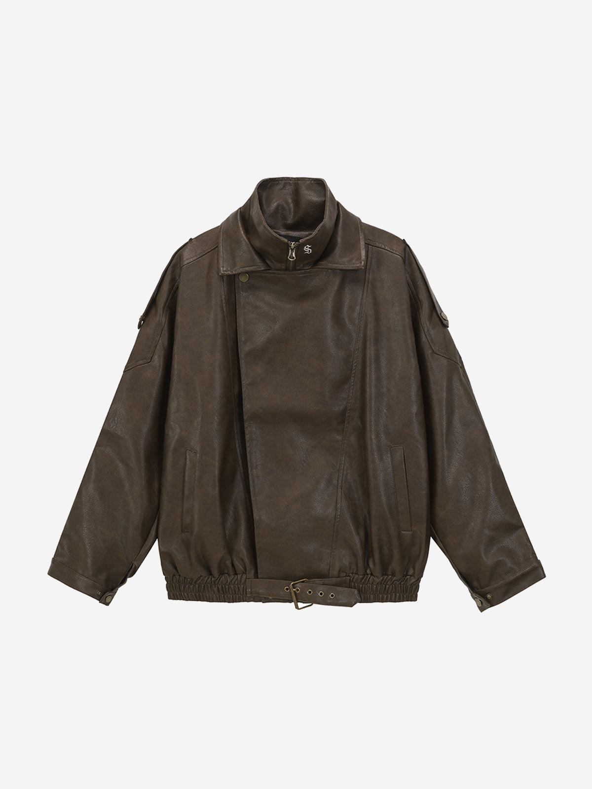 Belted Hem Faux Leather Bomber Jacket
