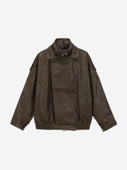 Belted Hem Faux Leather Bomber Jacket